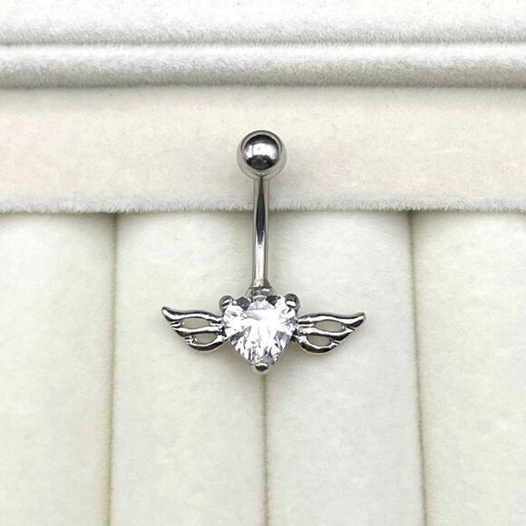 316L Stainless Steel with White Diamond Cubic Zirconia Winged Heart Belly Ring - Picture 2 of 7